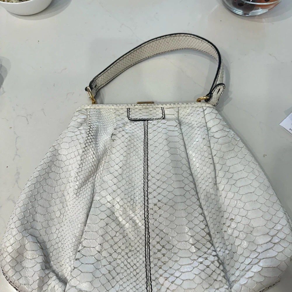 White Valentino python  Leather Shoulder Bag with Decorative Gold Accent - Picture 2 of 3